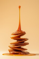 Poster - Caramel sauce dripping over a stack of pancake-like layers on a warm background