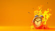 An alarm clock engulfed in flames on a vibrant orange background with flying embers