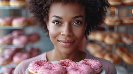 Young African American woman with a plate of donuts in pink glaze.