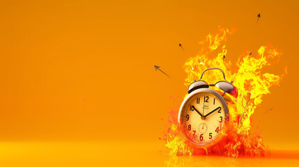 Sticker - An alarm clock engulfed in flames on a vibrant orange background with flying embers