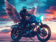 Conceptual style, motorcycle with wings, sky background, surreal composition, twilight lighting