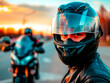 Portrait style, motorcyclist with helmet, blurred bike in background, off-center composition, natural light