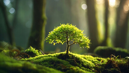 Wall Mural - a tiny bonsai tree on a mosses with forest background environment, ecology, nature concept background