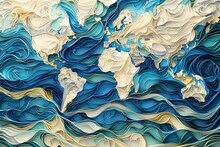 A Paper Cutout Of The World With Blue And White Waves. The Paper Is Cut Into Strips And The Waves Are Made To Look Like They Are Moving