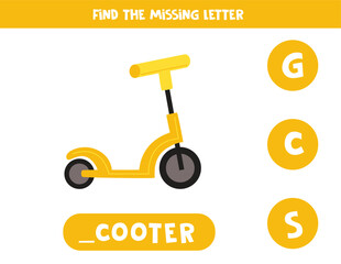 Wall Mural - Find missing letter with cartoon scooter. Spelling worksheet.