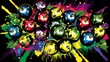   A backdrop of various balls, each adorned with random splatters of yellow, red, green, blue, and purple paint against a uniformly black background