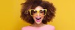 woman looking empty blank frame social media concept expression wearing sunglasses face portrait copy space photo background design happy