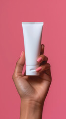 Sticker - White tube of cream in a female hand on a pink background.