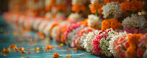 Marigold garland, decorative hanging ornament, bright colored marigold flower on background with space for text. Happy Diwali festival, Pongal or Gudi Padwa. Decoration for Indian hindu holidays, wedd