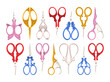 A row of scissors of different colors and designs. Scissors of different sizes and shapes. Vector stock illustration with various scissors for grooming, crafts, creativity. 