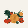A pile of fresh organic vegetables. Pumpkin with kale, tomato and onion with pepper. Vector illustration