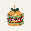 Abstract burger illustration. Hamburger with pickle on the top. Retro food style. Vector illustration