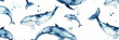 Aesthetic hand painted watercolor pattern in marine style with whales on white background, ocean concept. Generative AI