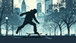 Silhouette of person skateboarding down city street vector