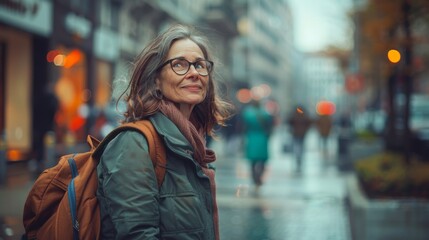 Wall Mural - A woman wearing glasses and a backpack stands on a wet sidewalk