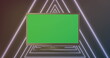 Image of digital television with green blank screen and looping illuminated triangular tunnel