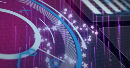 Wall Mural - image of data processing and stars over light trails on purple background