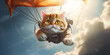 Cat is flying in te sky with the orange colored parachute on tr sunny and cloudy sky view in background