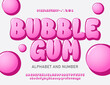 Bubble font with upper and lower case letters, numbers and symbols. Cute airy pink glossy cartoon alphabet. Funny Typeset in 3d Y2k style. Vector bubble gum alphabet.