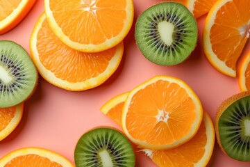 Wall Mural - Freshly sliced orange and kiwi fruit arrangement on a vibrant pink background, top view with copy space
