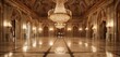 Radiant chandelier illuminates opulent ballroom, reflecting off pristine marble floors.