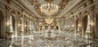 Radiant chandelier illuminates luxurious ballroom with its polished marble charm.