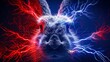   A tight shot of a rabbit's expressive face against a backdrop of intense red and blue lighting