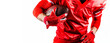 In the frame, the torso and arms of an American football player in a red uniform on a white background. Place for the text on the left