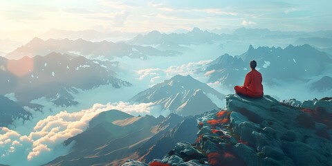 Poster - Man Meditating Atop a Majestic Mountain Embracing the Boundless Serenity of Nature