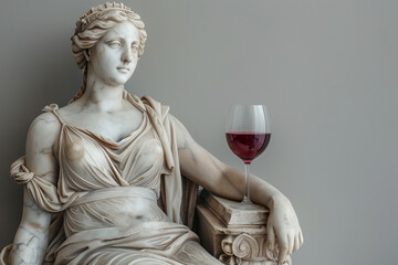 Arrogant portrait of a sculpture of Aphrodite with wine glass in hand on paste background with copy space