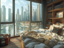 A Bedroom With A Large Window Overlooking A City And A River. The Room Is Filled With Books And A Bed With A White Comforter. Scene Is Peaceful And Relaxing, As The View Of The City