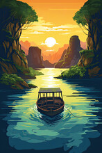 A Boat In The River With Sunset Background. Watercolor Illustration Vector, Fantasy Art Digital Painting