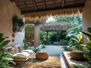 Wall Mural - A small, cozy room with a bamboo roof and a lush green garden outside. The room is furnished with a couch, a chair, and a few potted plants. The atmosphere is calm and relaxing