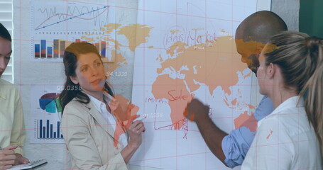 Wall Mural - Image of world map with data processing over diverse business people having meeting at office