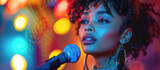 Fototapeta Uliczki - Banner, a beautiful young black American woman sings into a microphone. Pop singer, star, karaoke.