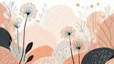 Fototapeta Tulipany - Tło, tapeta z kwiatami mniszka lekarskiego, kamieniami, roślinami i liśćmi w kolorze peach fuzz. Łąka kwiatowa