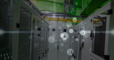 Canvas Print - Image of data processing, light trails and white spots floating against computer server room