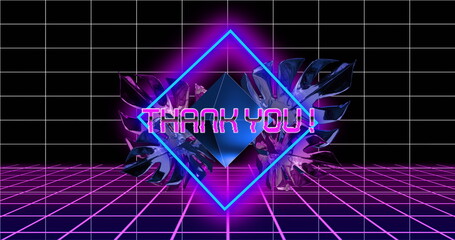 Image of interference over neon shapes with thank you text, leaves and lines on black background