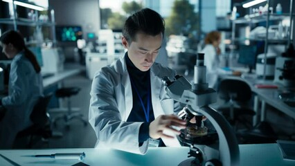 Aufkleber - Genetic Research and Development Laboratory: Young Science Student Working on a Computer and Looking at a Sample in a Petri Dish Under a Microscope. Advanced Biotechnology Lab with Modern Equipment