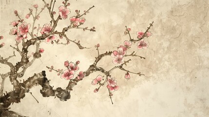  Vintage traditional Japanese painting,Cherry Blossom - Sakura . Painting on old paper.