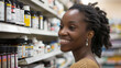 Smiling  african american woman at the pharmacy, in drugstore, store,  buying vitamins