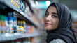 Smiling  arabian woman at the pharmacy, in drugstore, store,  buying vitamins