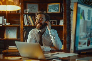 In a cinematic frame, a real estate agent sits contentedly in his office, engaged in a cheerful phone call on his mobile device, with his commission fee prominently displayed on the table before him