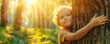 Cute little child hugging a tree in the forest. Concept of loving and saving ecology.