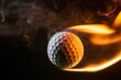 Burning golf ball with bright flame flying on black background with smoke