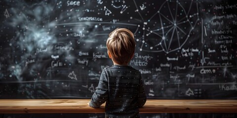 Wall Mural - young student connecting logical dots on expansive chalkboard in academic pursuit