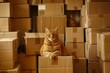 brown cat sitting on empty cardboard box at warehouse