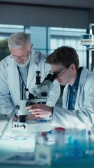 Leinwandbilder - Vertical Screen: Professor Teaching a Group of Science Students the Basics of Biological Engineering. Head of Laboratory Observing How Researchers Work with Equipment and Writes Down Their Findings
