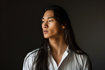 Wall Mural - Close-up portrait of a very handsome Asian man with brown eyes, long brown hair, and a white shirt - copy space, isolated, dark background