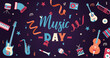 Music day - Banner - Celebrating the Joy of Music on World Music Day - Editable vector illustrations and titles - Festive and Modern Background - Musical instruments, musical notes and party favors